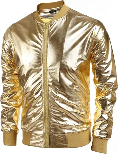 Vista 2 de COOFANDY Chaqueta metálica para hombre, diseño de los años 70, disco y fiesta de Navidad, chaqueta universitaria con cremallera