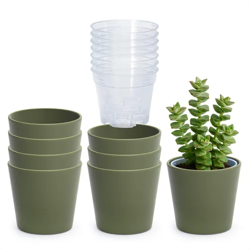 Vista 11 de Phoenix Vine Macetero de plástico verde oliva de 4.5 pulgadas con maceta transparente, cubierta decorativa ligera con maceta interior transparente