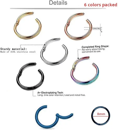Vista 2 de TOPBRIGHT 6 unids un conjunto de anillos de septum sin costuras Clicker 16G acero inoxidable con bisagras segmento anillos para Daith y labio