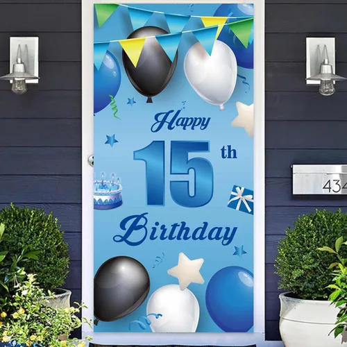 Vista 10 de Cartel azul de feliz cumpleaños número 11, globos de fondo de estrellas, confeti y saludos a los 11 años, decoración temática de puerta, porche