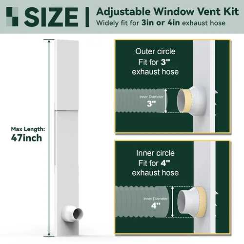 Vista 2 de Kit de ventilación para ventana Flehomo para manguera de 3" y 4" de diámetro, incluye cubierta de ventilación con solapas autocerrables, kit