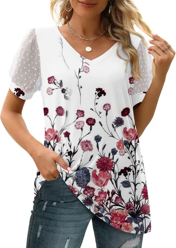 Vista 5 de Casual Summer Tops for Women Short Sleeve Pattern Blouses Basic Designed V-Neck Tee Shirts Beach Outfits for Women