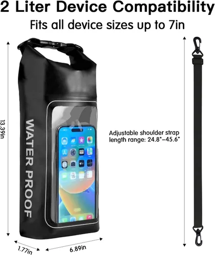 Vista 7 de Bolsa seca impermeable de 2 litros, funda enrollable para teléfono de playa, bolsa seca ligera para natación, kayak, campamento, pesca, viajes, Verde