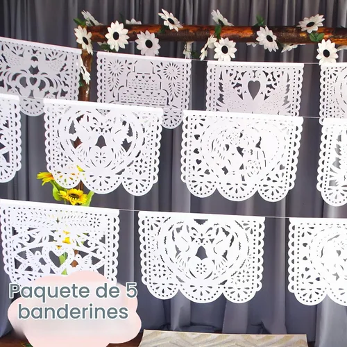Vista 2 de Guirnaldas de boda de papel picado, decoraciones de boda mexicanas, banderas de papel picado blanco para bodas, despedidas de soltera, pancartas
