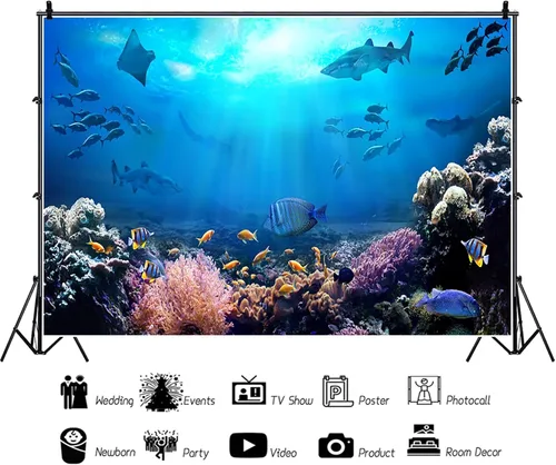 Vista 3 de AOFOTO Telón de fondo submarino de 5 x 3 pies para fotografía, acuario, fondos marinos, rocas, luces, coral y peces, escena tropical del océano bajo