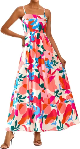 Vista 17 de PRETTYGARDEN Vestido largo de verano para mujer, con tirantes delgados, bohemio, floral, a rayas, para invitadas de boda, playa, vacaciones, vestido