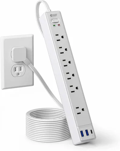 Vista 11 de SUPERDANNY - Protector de sobretensión con enchufe plano, tira de alimentación, cable de extensión ultra delgado de 6 pies con 3 USB