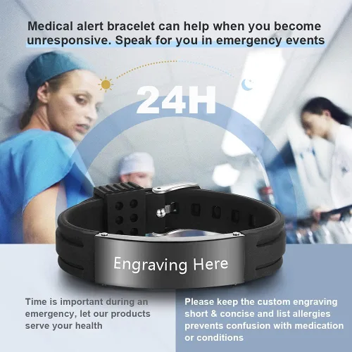 Vista 21 de OPALSTOCK Pulseras médicas personalizadas de silicona ajustable para identificación de emergencias, grabado gratuito, 9 pulgadas, resistente al