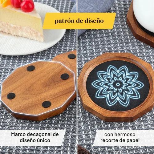 Vista 5 de Posavasos de Madera para Bebidas Absorbentes con Borde, 4.3 Pulgadas Posavasos Rústicos de Acacia Negra con Soporte de Feltro para Mesa de Café