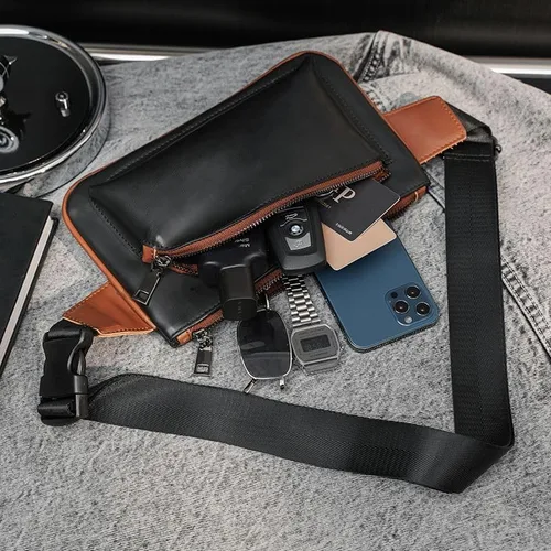 Vista 3 de Bolso bandolera de cuero para hombre, mochila de hombro en el pecho, bolso cruzado impermeable al agua