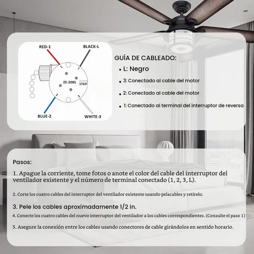 Vista 3 de Interruptor de ventilador de techo con 4 cables preinstalados, 3 velocidades, 4 cables, ZE-208s Zing Ear E89885, interruptor de cadena de tira