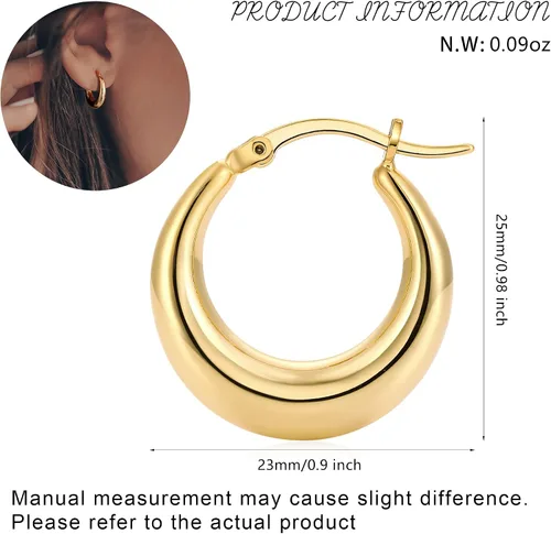 Vista 2 de Chunky Gold Hoop Earrings for Women 14k Gold Plated Stainless Steel Thick Hoop Earrings Dainty Cute Hypoallergenic Earrings Minimalist Jewelry Gift