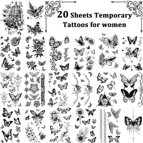 Vista 3 de Cerlaza 20 hojas de tatuajes temporales de mariposa negra para mujeres adultas, 120 estilos de mariposas pequeñas, tatuajes falsos impermeables