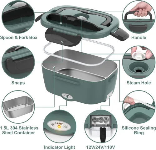 Vista 6 de WisaKey Lonchera eléctrica verde calentador de alimentos 80W lonchera calentada para adultos, calentador de almuerzo portátil 12V 24V 110V 220V