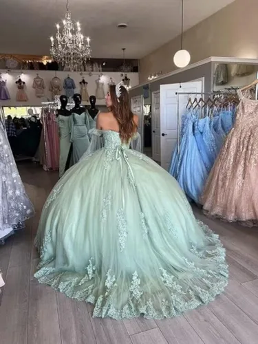 Vista 4 de Youjiayi Vestido de fiesta con cuello en V para mujer, vestidos de quinceañera largos de tul de encaje princesa dulce 16 vestidos YJY33