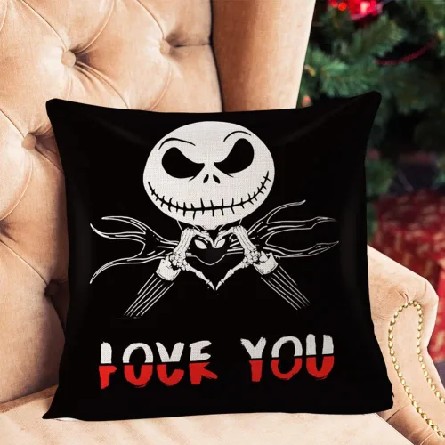 Vista 6 de Funda de almohada Jack Skellington - Decoración de Navidad, Funda de almohada Jack Love You, Funda de almohada de lino y algodón 18 x 18 pulgadas