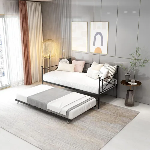Vista 5 de Sofá cama con base de sofá cama nido con cabecero, soporte de listones de acero premium, base de colchón multifuncional, individual, negro