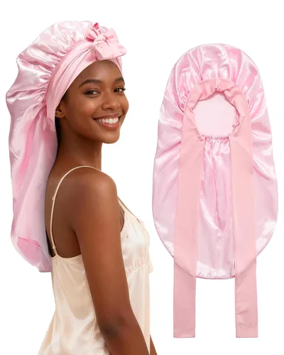 Vista 18 de AWAYTR - Gorro de satén para trenzas y cabello largo durmiendo para mujeres Long Satin Sleep Cap With Adjustable Tie Band, Protecting Braids Curly
