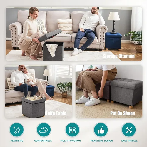 Vista 6 de BRIAN & DANY Ottoman with Storage, Small Storage Ottoman for Dorm, Linen Folding Ottoman Foot Stool with Legs for Living Room and Bedroom Gris
