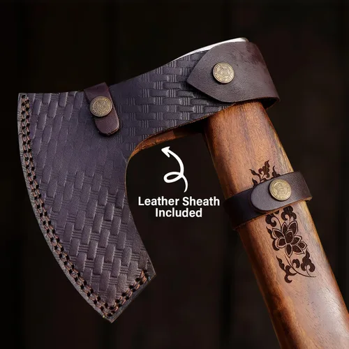 Vista 4 de Hacha vikinga barbuda con vaina, cabeza de hacha barbuda de damasco de 19.5 pulgadas con mango de madera de rosa duradera, el mejor regalo vikingo