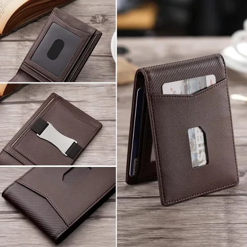 Vista 4 de SHOUCANGAR Cartera para hombre Cartera con bloqueo RFID para hombre con bolsillo frontal Carteras pequeñas con correa de efectivo (marrón)