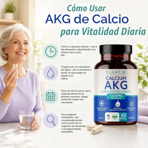 Vista 3 de Calcio AKG Suplemento 1200mg, 60 Cápsulas - Energía Celular