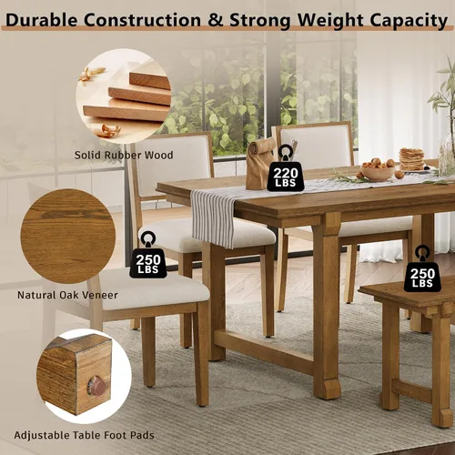 Vista 208 de Juego de mesa de comedor vintage de 6 piezas, juego de mesa de comedor de cocina de madera maciza con 4 sillas ergonómicas acolchadas y banco, mesa
