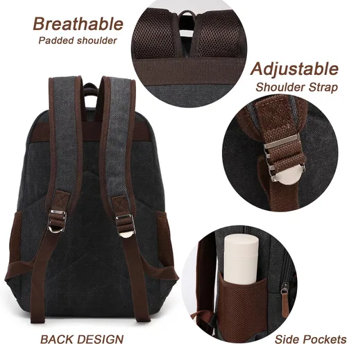 Vista 5 de Mochila de lona para laptop con puerto de carga USB, mochila vintage para hombres y mujeres, mochila negra de viaje para trabajo, mochila Negro