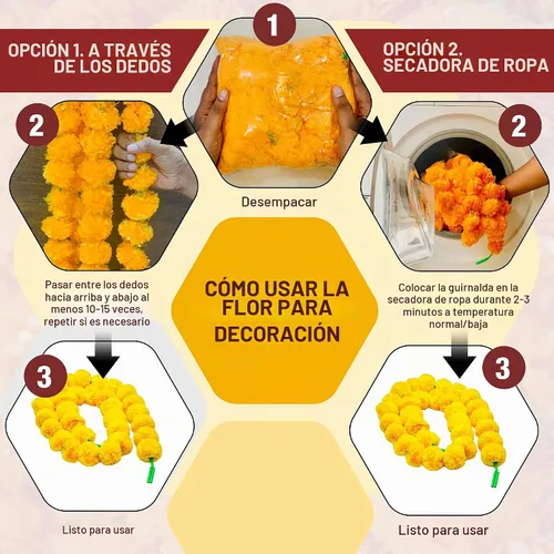 Vista 5 de DIYANA IMPEX Guirnalda de caléndula para decoración, 5 piezas de 5 pies de largo, flores de caléndula artificiales, decoración india para Pooja