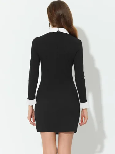 Vista 4 de Allegra K Minivestido casual de manga larga con cuello Peter Pan en contraste para mujer
