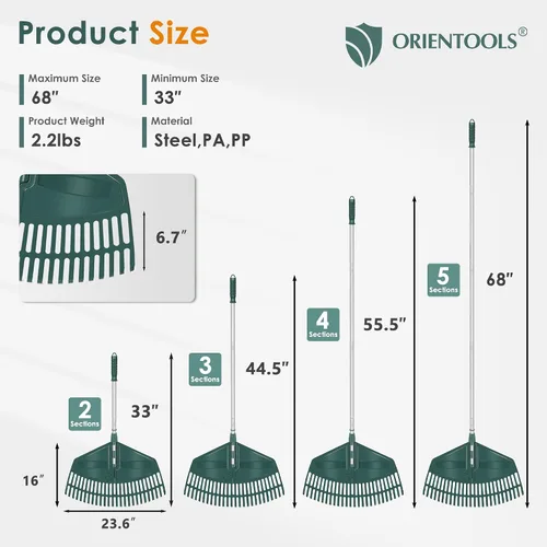 Vista 2 de ORIENTOOLS Rastrillo de hojas ajustable de 69 pulgadas con mango de 5 secciones, cabezal de plástico duradero de 26 dientes, diseño de doble uso que