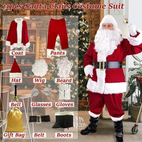 Vista 6 de Disfraz de Papá Noel para adultos y hombres, 11 piezas, color rojo, de lujo, clásico, terciopelo, para fiesta de Navidad, cosplay