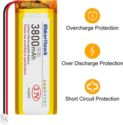 Vista 5 de MakerHawk Batería LiPo de 3.7 V 3800 mAh recargable 1S 3C 113386 Batería de polímero de litio con placa de protección de batería dual, enchufe micro