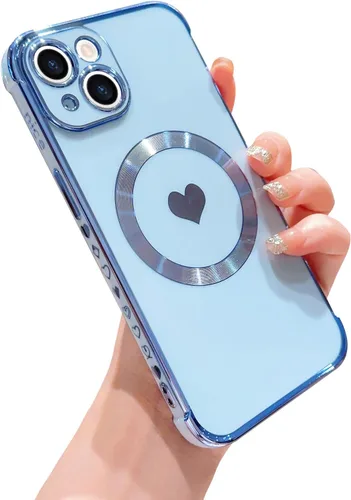 Vista 15 de Funda magnética para iPhone 13, para mujeres y niñas, chapado de lujo, lindo corazón de amor, cubierta trasera suave, protección completa de lente