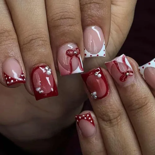 Vista 11 de Uñas postizas a presión con punta francesa verde, uñas postizas cuadradas cortas con diseños de cuentas de flores en 3D, uñas de verano, uñas Verde