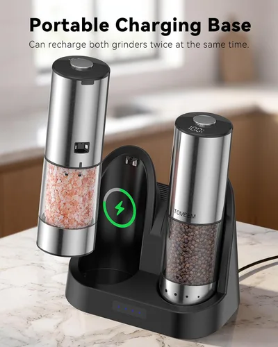 Vista 4 de TOMEEM Juego de molinillo eléctrico recargable de sal y pimienta, molinillo de pimienta automático de acero inoxidable de gran capacidad de 3.9 fl