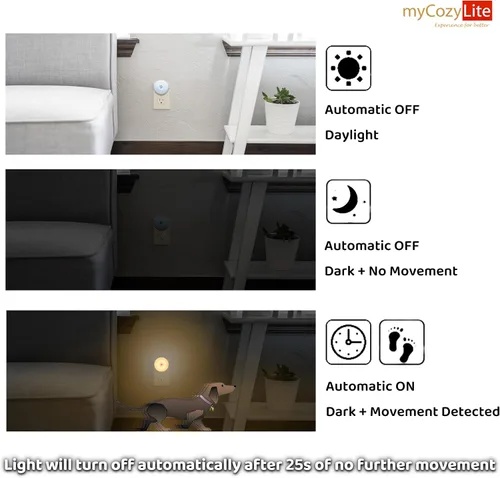 Vista 5 de Luz nocturna con sensor de movimiento, paquete de 2 luces nocturnas activadas por movimiento, encendido y apagado automático, tono cálido de 3200 K