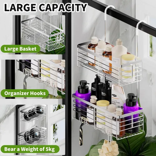 Vista 3 de SHANSHUI Organizador de Ducha Colgante, Organizador Doble para Baño, Cesta Organizadora de Ducha, Soporte para Champú, Estante de Ducha sobre Puerta