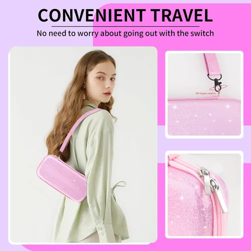 Vista 7 de HYPERCASE Pink Carrying Case Compatible with Nintendo Switch OLED, Portable Travel Storage Case with Glitter Switch Protective Cover, Screen