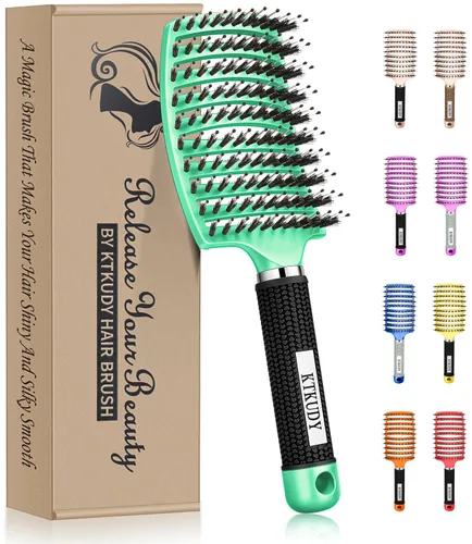 Vista 10 de KTKUDY Cepillo para desenredar con cerdas de jabalí, cepillo para hacer el cabello más brillante y saludable, cepillo desenredante curvo y ventilado