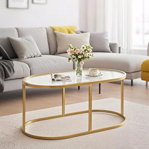 Vista 14 de Mesa de café Wolawu Mesas de café de vidrio negro para sala de estar, mesa de centro ovalada con marco de metal resistente, mesas de acento modernas