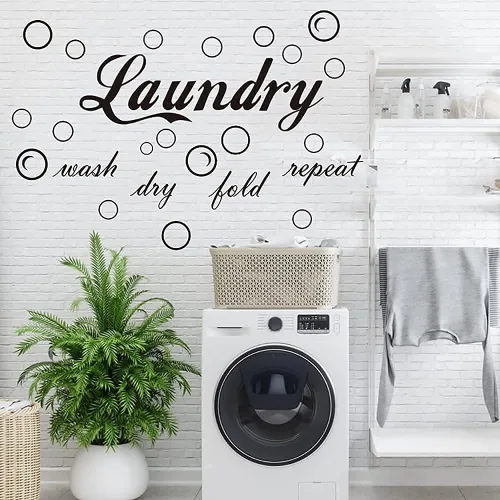 Vista 2 de 23 calcomanías de vinilo de pared características para cuarto de servicio, con texto en inglés "Wash Dry Fold Repeat Repeat", calcomanías
