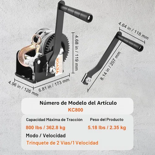 Vista 7 de VEVOR Cabrestante de mano, capacidad de tracción de 800 libras, manivela de cuerda resistente con cable de alambre de acero de 33 pies y trinquete