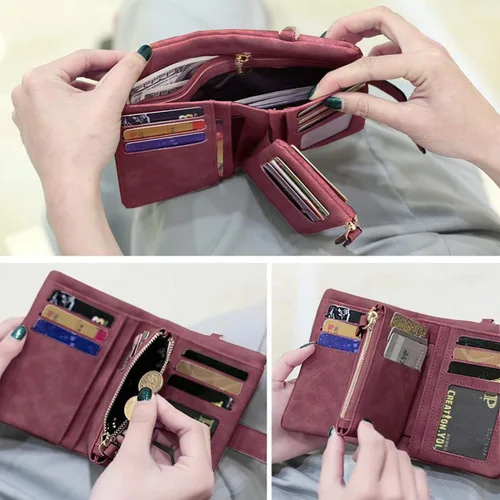 Vista 3 de PofeeXIO Billeteras pequeñas de cuero plegable para mujer, con ranuras para tarjetas, con cremallera y cremallera