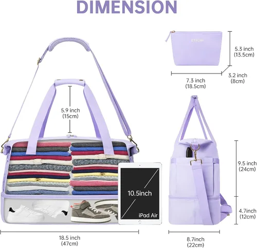 Vista 6 de Bolsa de viaje para mujer y hombre, púrpura, (E-Purple), Bolsa de fin de semana con puerto de carga USB