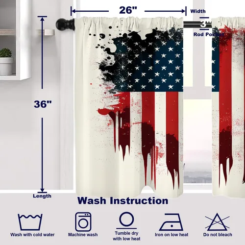 Vista 253 de Batmerry American Flag Ink Dot Blackout Tier Curtains, Red Blue White Stars Abstract Thermal Insulated Half Curtain Rod Pocket Small Valance for