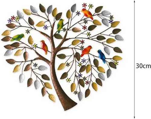 Vista 4 de Xnchhou Escultura de pared hecha a mano, ramas de pájaros, flores en forma de corazón, árbol genealógico, pared, arte de metal, árbol de la vida