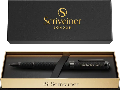 Vista 20 de Scriveiner Bolígrafo Rollerball de Laca Negra - Impresionante Bolígrafo de Lujo, Chapado en Oro Real, Repuesto de Tinta Schmidt, El Mejor Set de 1.