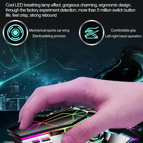 Vista 6 de Mouse para juegos con cable, USB óptico para computadora con retroiluminación RGB, 7 DPI ajustables hasta 3200, mouse ergonómico para computadora