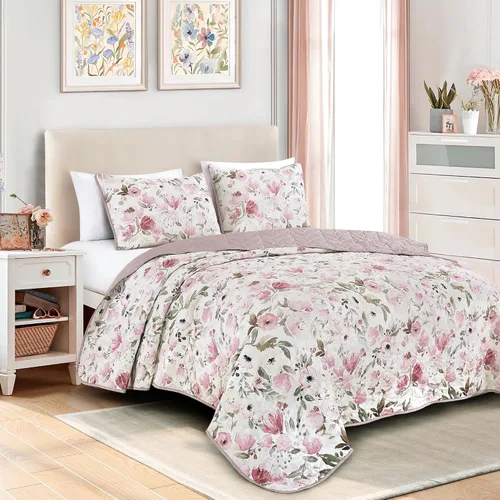 Vista 17 de ESCA - Juego de colcha de 3 piezas, tamaño Queen, con estampado de girasoles amarillos reversible, floral negro y verde